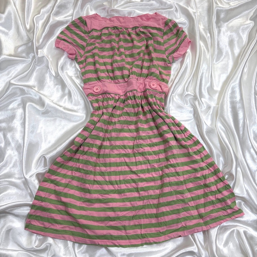 y2k Striped Dress Pink Green Excellent Gap Kids Short Sleeve Empire Waist M 8